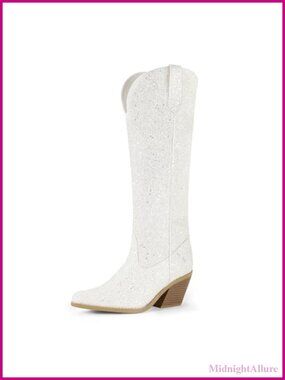 Sparkly Sequin Knee High Cowboy Boots Pointed Toe Block Heel